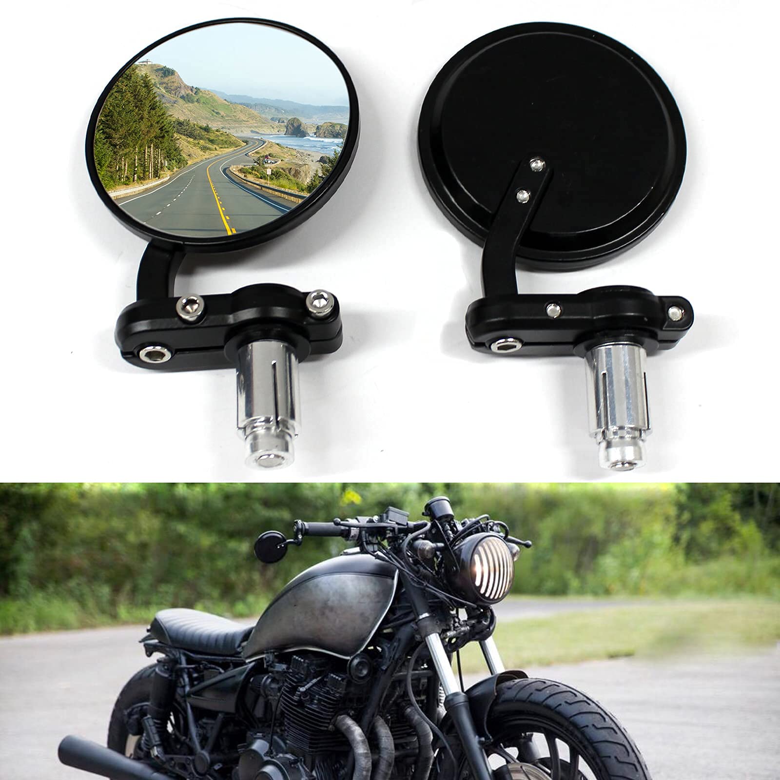 JMTBNO Lenkerendenspiegel Motorrad Spiegel Rückspiegel Universal 7/8"22mm Lenker Aluminium Runder Seitenspiegel für Street Bike Roller Moped Supermoto Quad ATV (Schwarz) von JMTBNO