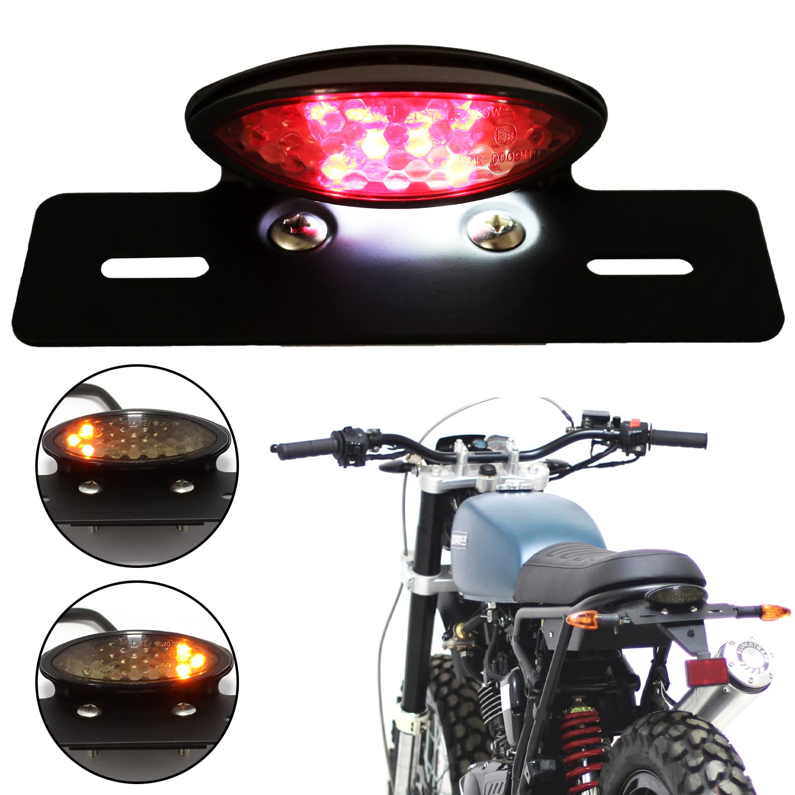 JMTBNO Motorrad 14 LED Rücklicht mit Blinker Bremslicht Hinten Kennzeichnenleuchte Retro E-geprüft 12V Universal für Cruiser Bobber Chopper Cafe Racer Scambler Street Bike Custom von JMTBNO