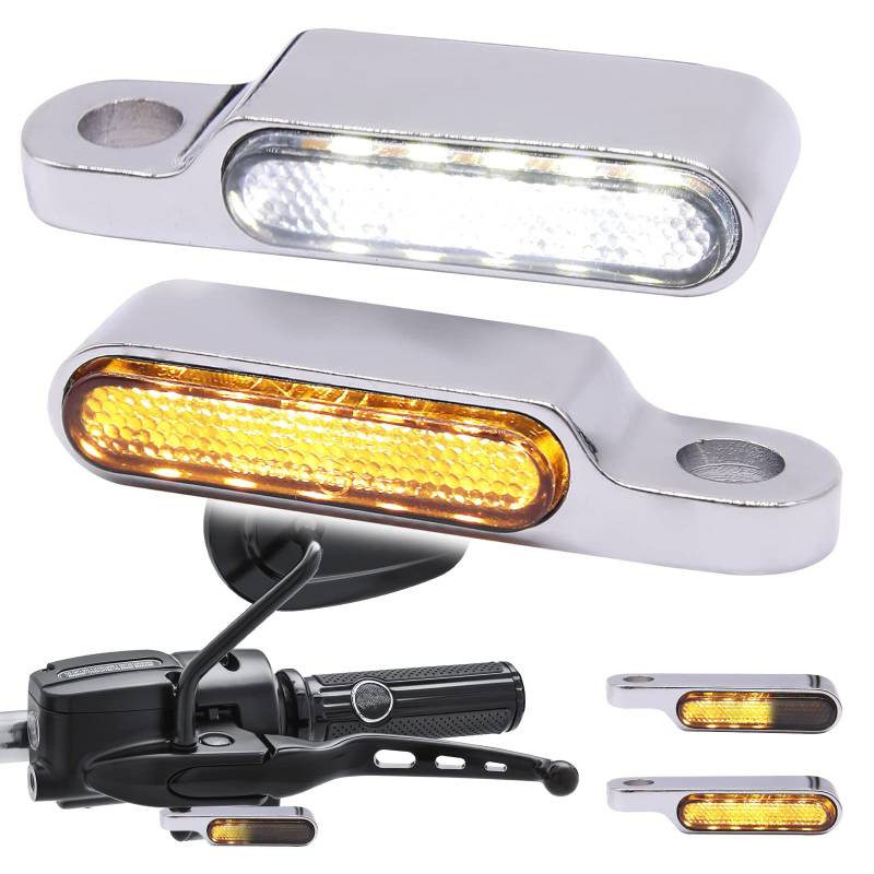 JMTBNO Motorrad Blinker LED Chrom Lichter Lauflicht Tagfahrlicht Motorrad Lenker Miniblinker Lampe Bernstein Weiß 12V Kompatibel mit Harley Dyna Sportster 883 XL1200 Road King Softail von JMTBNO