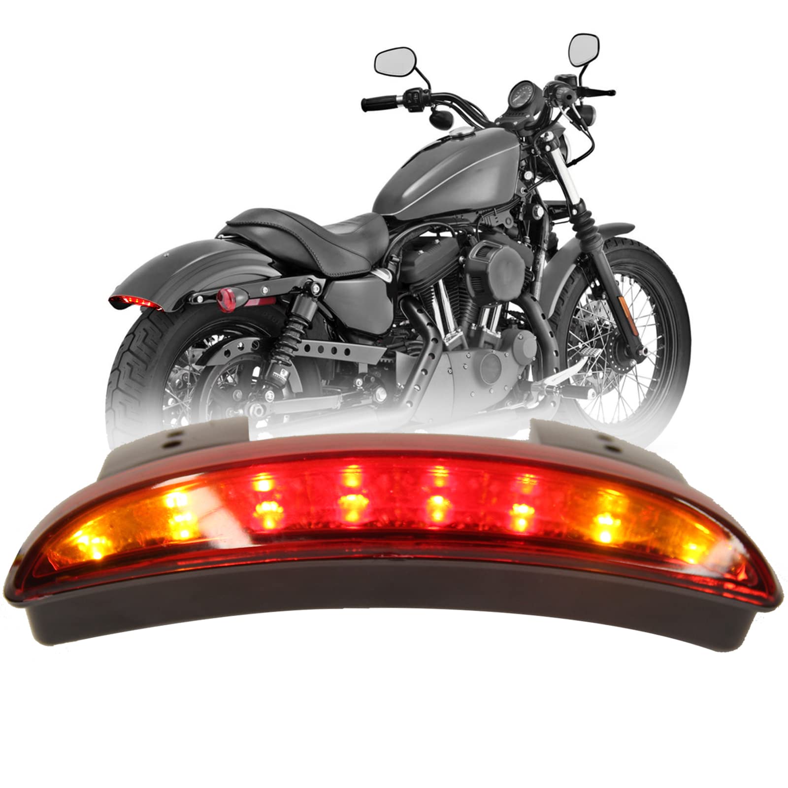 JMTBNO Motorrad Rücklicht LED Hinten Fender Edge Bremslicht mit Blinker Gehackte Licht Stop Lauflicht Lampe 12V Kompatibel mit Sportster XL 883 1200 Cruiser Bobber Chopper (Rote Linse) von JMTBNO