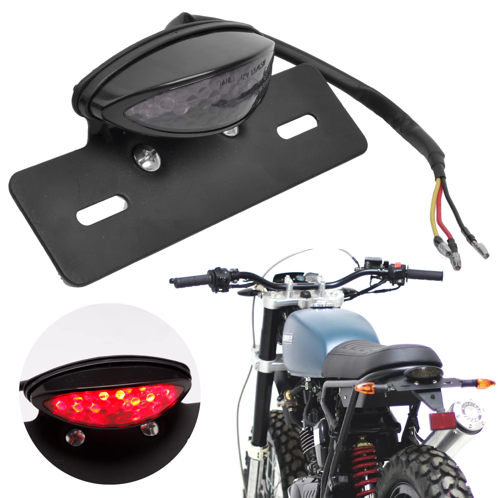 JMTBNO Motorrad LED Rücklicht Bremslicht Kennzeichenbeleuchtung E-geprüft Rotlicht Schwarz Smoke Getönt Universal 12V für Street Bike Cruiser Chopper Cafe Racer Moped Enduro von JMTBNO