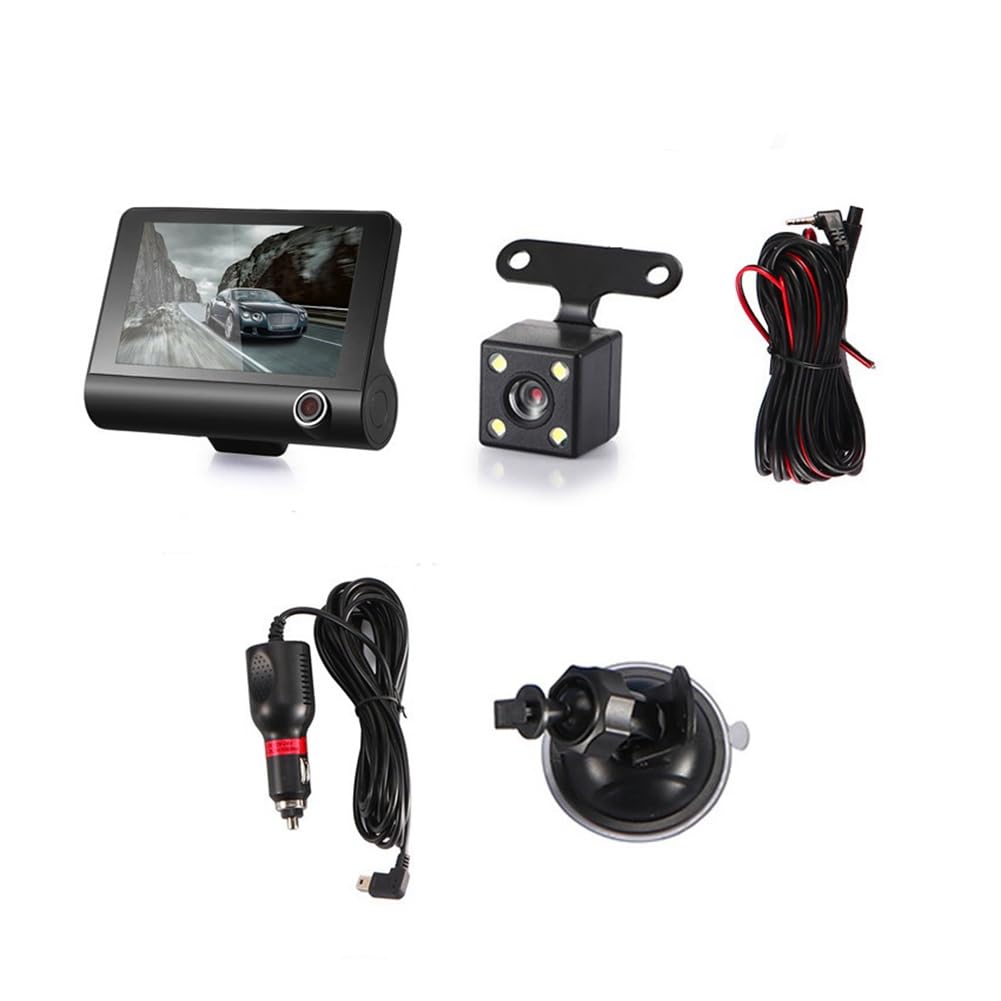 JNJOOD Auto-DVR-Dashcam mit HD-Bildschirm 1080P, 3 Objektiven Videorecorder für Front-, Innen- und Rückansicht Kamera Auto-Kamera Schwarz von JNJOOD