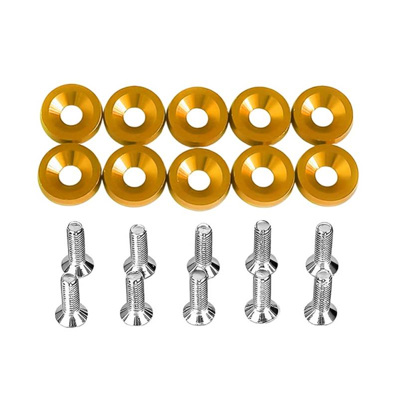 JNNJ 10 PCS M6 Kotflügelscheibe Motorraum Dress up Kit, Universal Eloxierte Aluminium Unterlegscheiben, Aluminium Kotflügel Stoßstange Scheibe Schraube(Gold) von JNNJ