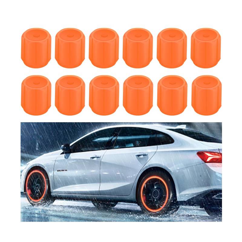 JNNJ 12 Stück Universal-Reifenventilkappen Auto, Fluoreszierende Reifen Für Autos, Beleuchtete Reifenventilkappen Für Autos, Autoreifenstiel-Staubschutzkappen(Orange) von JNNJ