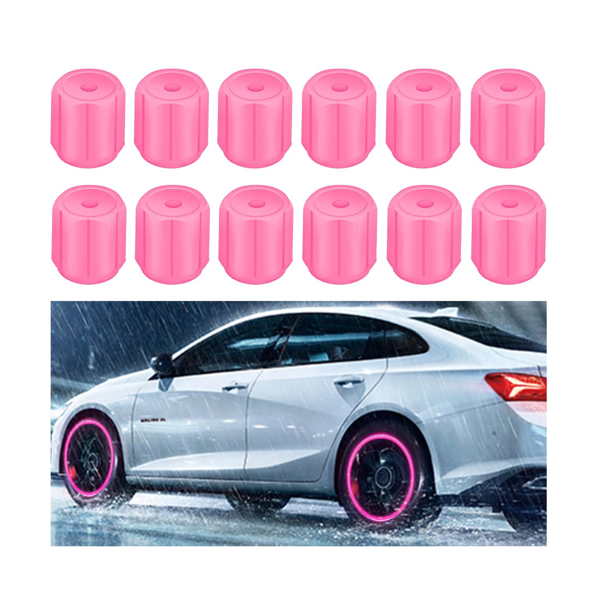 JNNJ 12 Stück Universal-Reifenventilkappen Auto, Fluoreszierende Reifen Für Autos, Beleuchtete Reifenventilkappen Für Autos, Autoreifenstiel-Staubschutzkappen(Rosa) von JNNJ