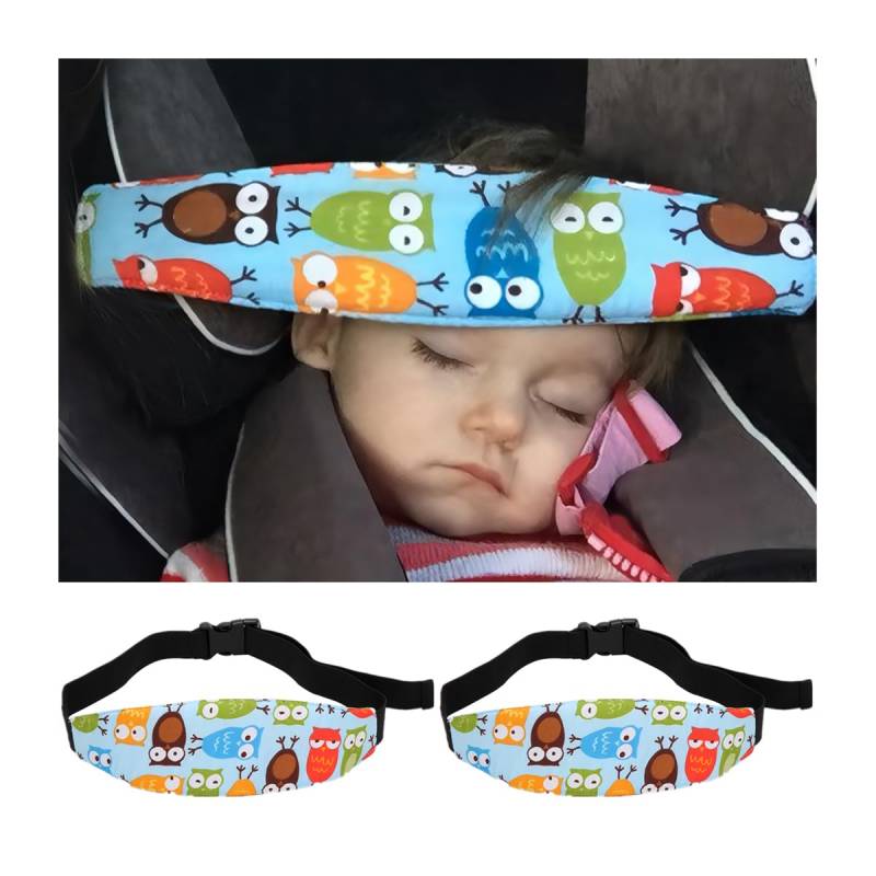 JNNJ 2 Stück Kopfhalterung Kindersitz, Kinder Stirnband Auto Schlafen, Kinderwagen Autositz Schlafen Kleinkind, Verstellbare Kindersitz-Kopfstütze(Blaue Eule) von JNNJ