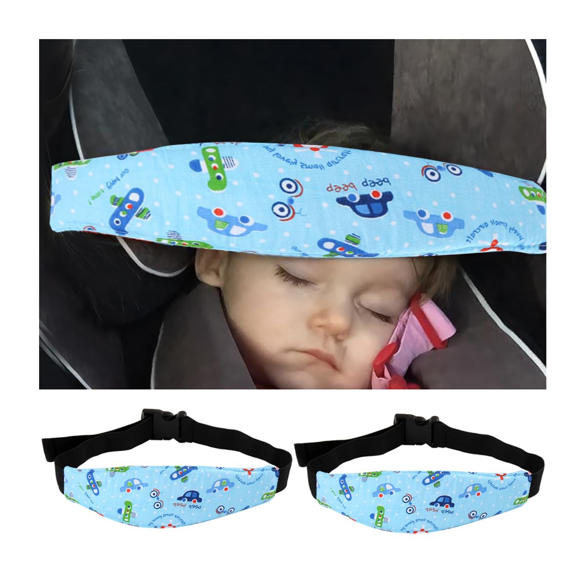 JNNJ 2 Stück Kopfhalterung Kindersitz, Kinder Stirnband Auto Schlafen, Kinderwagen Autositz Schlafen Kleinkind, Verstellbare Kindersitz-Kopfstütze(Blaues Auto) von JNNJ