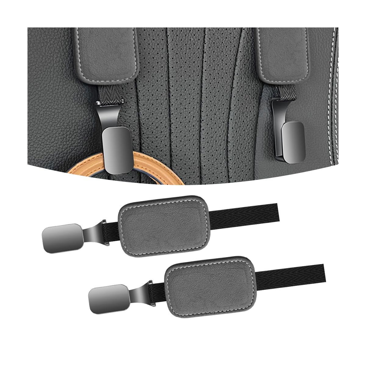 JNNJ 2PCS Auto Rücksitz Kopfstütze Haken, Automotive Lagerung Tasche Haken, Fahrzeug Rücksitz Wildleder Kleiderbügel zum Aufhängen von Taschen Lebensmitteln(Grau) von JNNJ