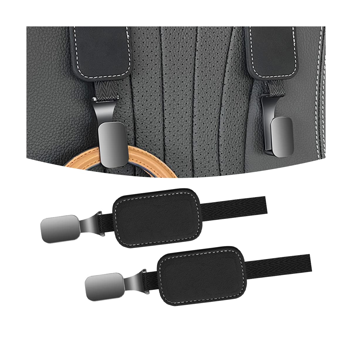 JNNJ 2PCS Auto Rücksitz Kopfstütze Haken, Automotive Lagerung Tasche Haken, Fahrzeug Rücksitz Wildleder Kleiderbügel zum Aufhängen von Taschen Lebensmitteln(Schwarz) von JNNJ