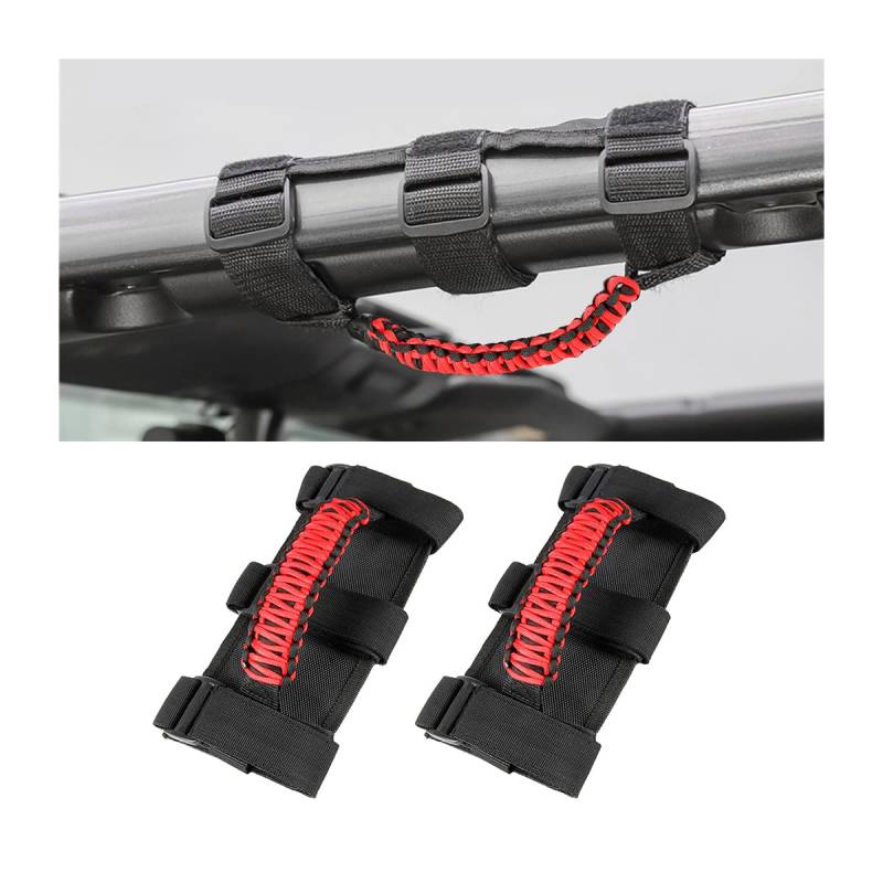 JNNJ 2Pcs Auto Haltegriffe, Paracord Haltegriffe für Überrollbügel mit 3 Gurten, Überrollbügel Haltegriffe Griff Stark Langlebig, Rücksitz-Haltegriffe für Die Meisten Autos(Rot Schwarz) von JNNJ