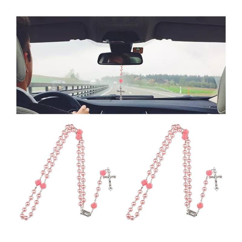 JNNJ 2Pcs Autospiegel Anhänger, Katholische Rosenkranzperlen für Den Rückspiegel im Auto, Kreuz Auto Hanging Charms Zubehör, Auto Dekor Für Männer- Und Damenzubehö(Rosa) von JNNJ