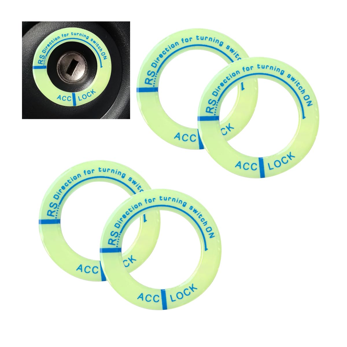 JNNJ 4Pcs Dekorativer Zündschalter Leuchtender Ring, Zündschloss Abdeckung Aufkleber, Start Stop Knopf Dunkel Leuchtende Aufkleber Verkleidung für Auto Motorrad(Blau) von JNNJ