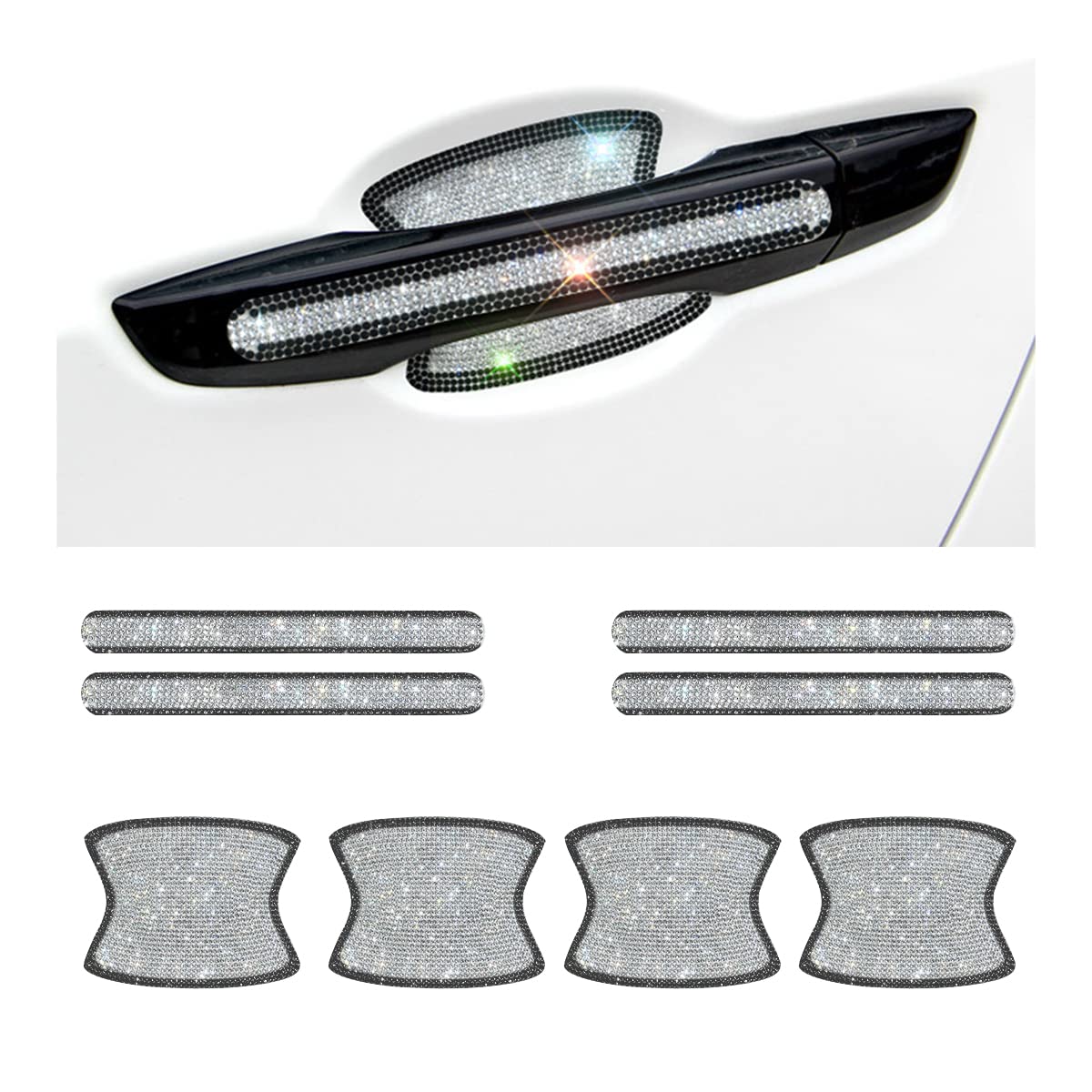 JNNJ 8 Stück Auto Türgriff Schutzfolie Pad, Universal Auto Strass Bling Glitzer Autotürgriff Kratzschutz Aufkleber, Bling Kristall Dekoration Autozubehör(Schwarz-Weiß) von JNNJ