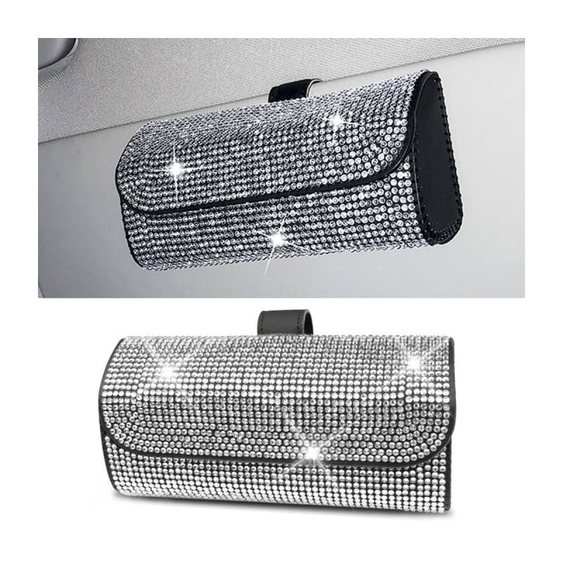 JNNJ Auto Brillenetui, Kristall Brillen Aufbewahrungsbox Auto, Universal Strass Auto Brillenetui, Sonnenbrillenhalter Aufbewahrungsbox Für Sonnenblende(Weiß) von JNNJ