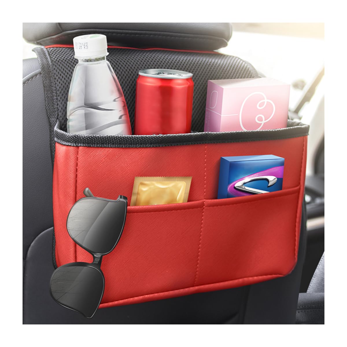 JNNJ Auto KopfstüTze Leder Organizer, PU Material Auto Rücksitz Aufbewahrungstasche, Auto Innenraum Zubehör Multi Staumöglichkeiten Tasche für Telefon Becher(Weinrot) von JNNJ