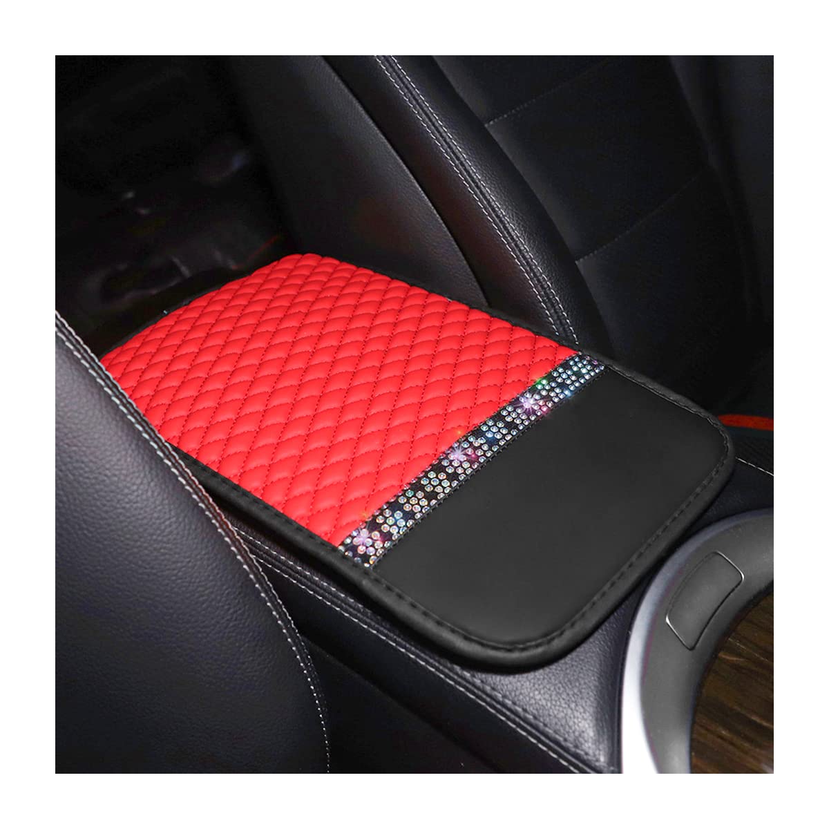 JNNJ Auto Mittelkonsolenpolster, Bling Wasserdichte Auto Armlehne Sitz Box Cover Schutz, Bling Autolederpolster Armlehnen Mittelkonsole Schutz Für Fahrzeuge(Rot) von JNNJ