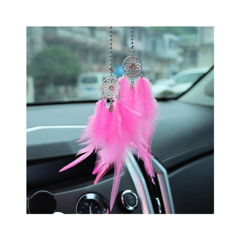 JNNJ Auto Spiegel Hängende Zubehör, Niedlicher Auto Rückspiegel Hängende Ornament, Dreamcatcher Feder Traumfänger, Innen Dekoration Anhänger für Frauen(Rosa) von JNNJ