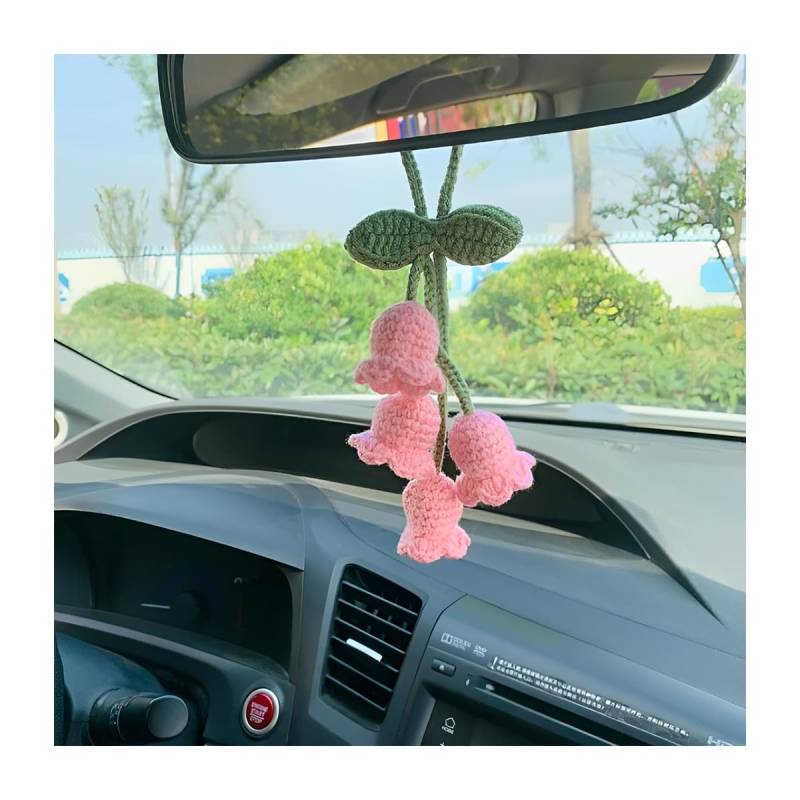 JNNJ Autospiegel Anhänger, Gehäkelte Glockenblumen Anhänger, Auto Spiegel Hanging Charms Zubehör Blume Hand Gestrickt Auto Dekor Für Männer- Und Damenzubehör(Rosa) von JNNJ