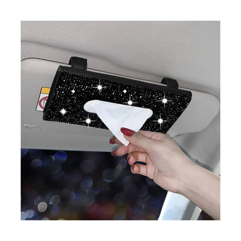 JNNJ Bling Auto Tissue Holder Halter, Auto Taschentuchbox Glitzer, Bling Taschentuchbox für Sonnenblende, Crystal PU Leather Car Sun Visor Cosmetic Tissue Box(Schwarz) von JNNJ