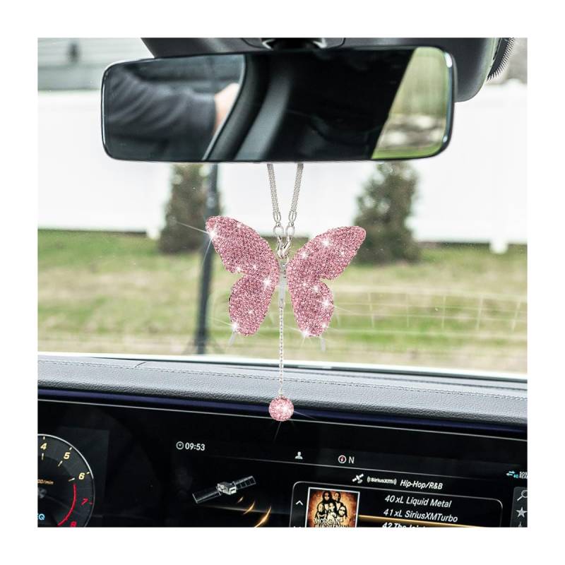 JNNJ Bling Schmetterling Diamant Anhänger für Rückspiegel, Kristall Auto Innenspiegel Hängend Charms, Ornamente Dekoration Anhänger Strass Zubehör für Auto(Rosa) von JNNJ