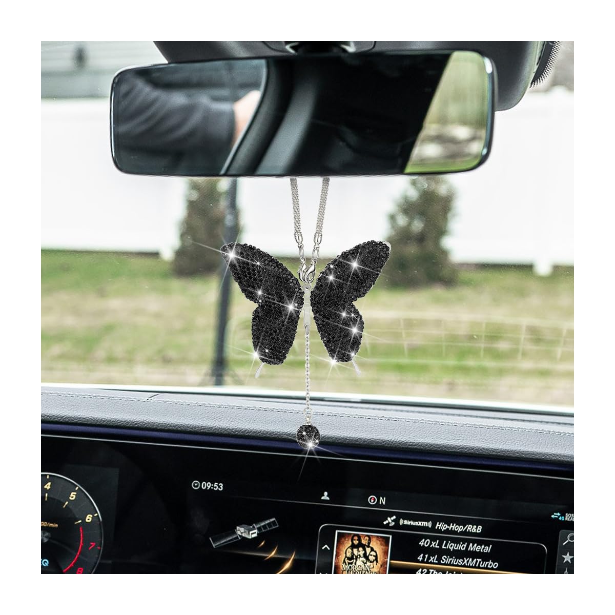 JNNJ Bling Schmetterling Diamant Anhänger für Rückspiegel, Kristall Auto Innenspiegel Hängend Charms, Ornamente Dekoration Anhänger Strass Zubehör für Auto(Schwarz) von JNNJ