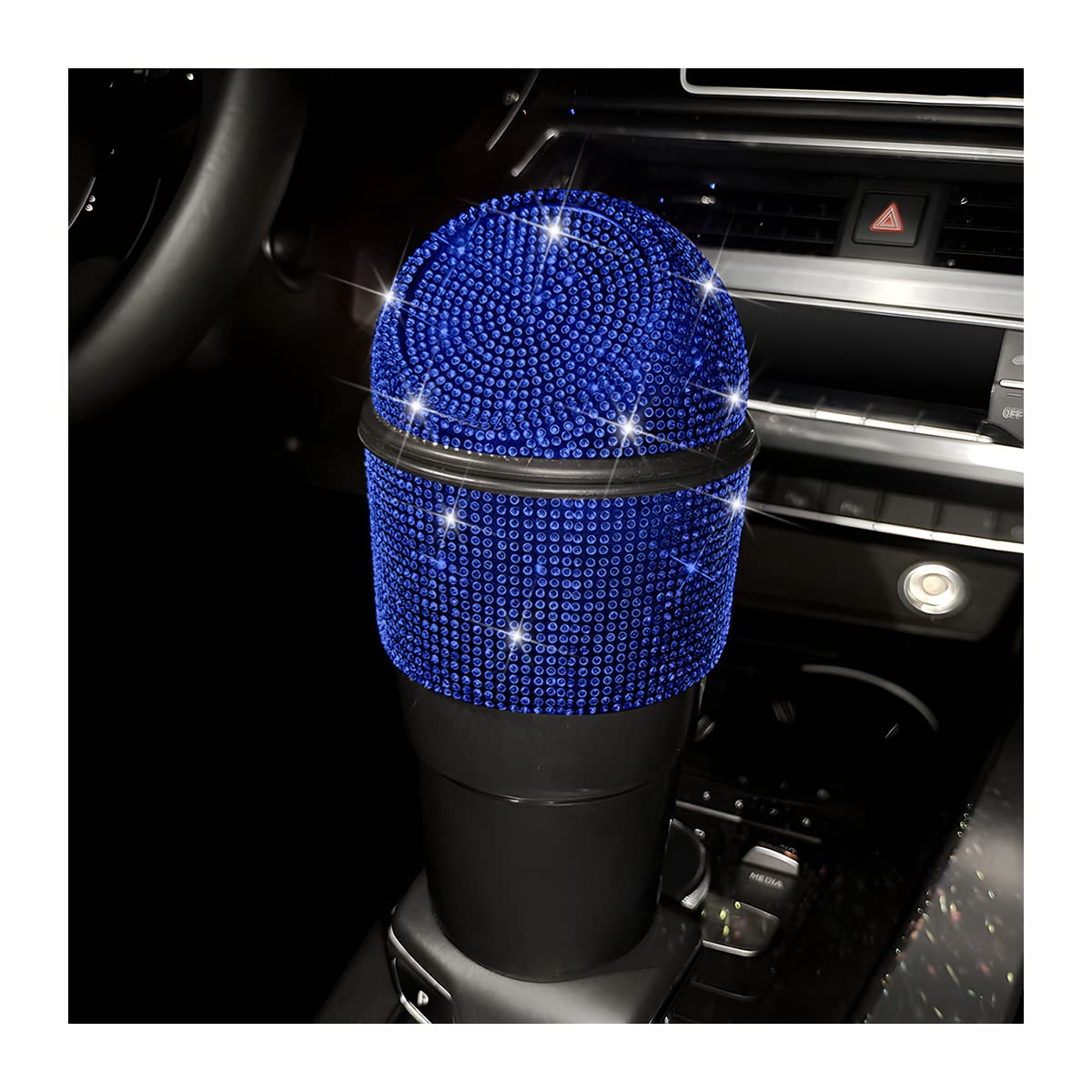 JNNJ Bling Strass Auto Mülleimer, Auto Mini Universal Mülleimer, Kristall Auto Mülleimer Mit Deckel, Bling Strass Innenausstattung Zubehör Für Automotive(Blau) von JNNJ