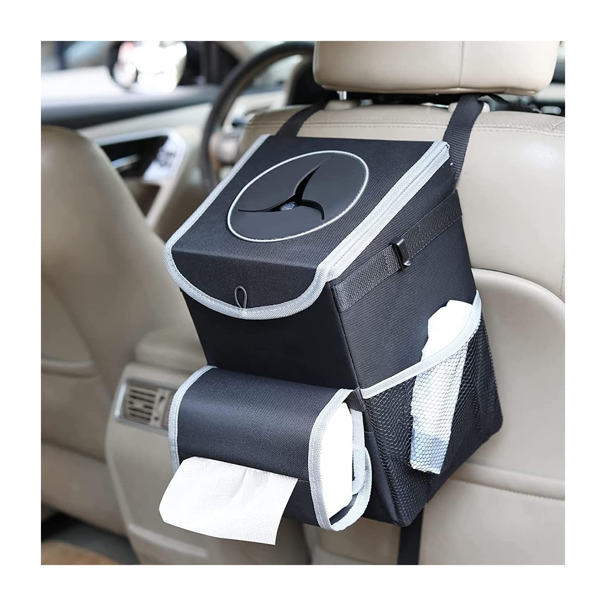 JNNJ Multifunktionaler Auto-Organizer-Mülleimer, Zusammenklappbarer Und Tragbarer Wasserdichter Auto-Mülleimer, Auto Mülleimer Mit Tissue-Halter, Für Die Meisten Autos von JNNJ