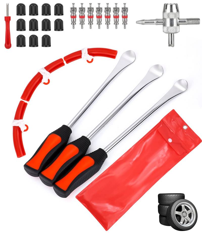 JOFLVA Reifenheber, Reifen Hebel Werkzeug Löffel, Reifen Montiereisen, Tire Spoons Lever Iron Tool Kits Montierhebel Werkzeug Mit 3 Rad Felge Protektoren Tool Kit, Für Motorrad/Fahrrad/Wagen Reifen. von JOFLVA