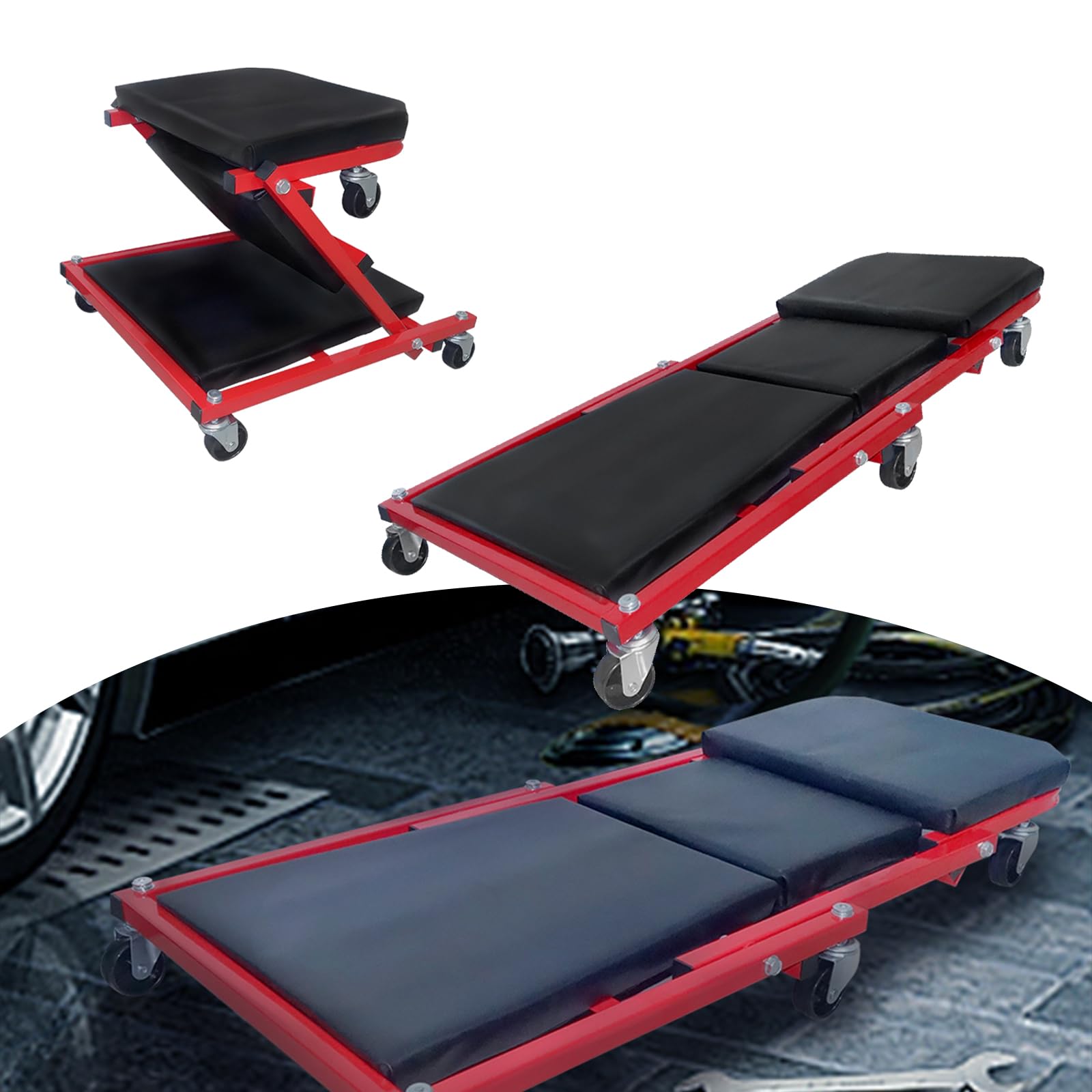 JOIEYOU Werkstatthocker, 2 in 1 Werkstatt Rollbrett, Montage Faltbar Rollsitz, Werkstattliege, mit 6 Lenkrollen mit 360° Drehfunktion, 150 kg Tragkraft, Rot von JOIEYOU