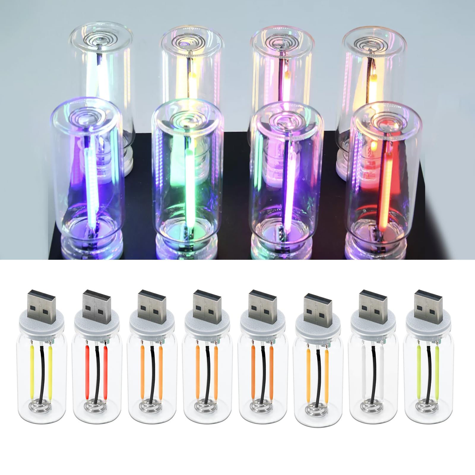 JOJOCY 8 Stück USB Auto LED Innenbeleuchtung, Kreative Glasflasche USB Lampe, Retro-inspirierte Innenstimmungslampen, Plug-in-USB-Auto-Nachtlampen, Umgebungsbeleuchtung für Auto von JOJOCY