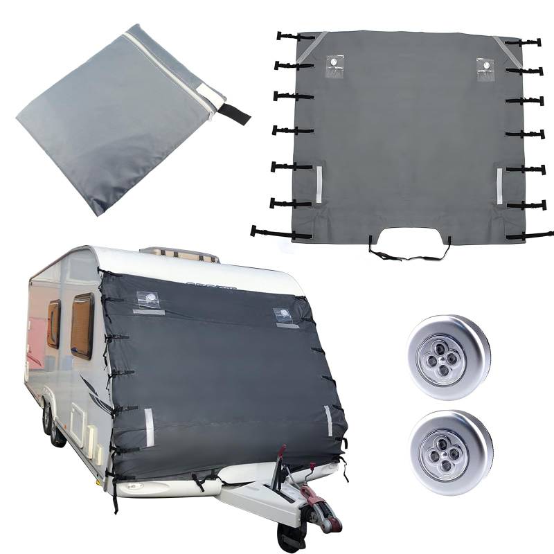 JOJOCY Universal Wohnwagen Frontabdeckung Frontabdeckung Protektor Wasserdicht Atmungsaktiv Wohnwagen Schleppabdeckung mit LED Lichtern & Reflektorstreifen (Caravan Front Cover) von JOJOCY