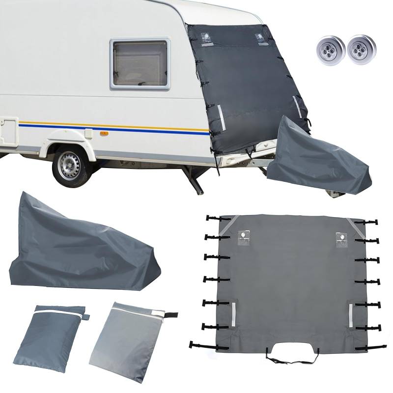 JOJOCY Universal Wohnwagen Frontabdeckung Frontabdeckung Protektor Wasserdicht Atmungsaktiv Wohnwagen Abschleppabdeckung mit LED Lichtern & Reflexstreifen (Caravan Front Cover & Deichselabdeckung) von JOJOCY