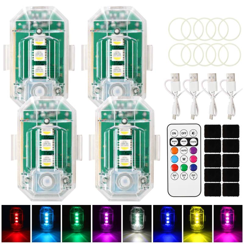 4 Stück LED-Blitzlichter 8 Farben, 10-Blinkmodi Hochhelle Blitzleuchte für Auto, Strobe Drone Light mit USB-Aufladung, Wasserdicht Drohnen Antikollisionslichter, LED-Blitzlichter für Auto, Drohne von JOLIGAEA