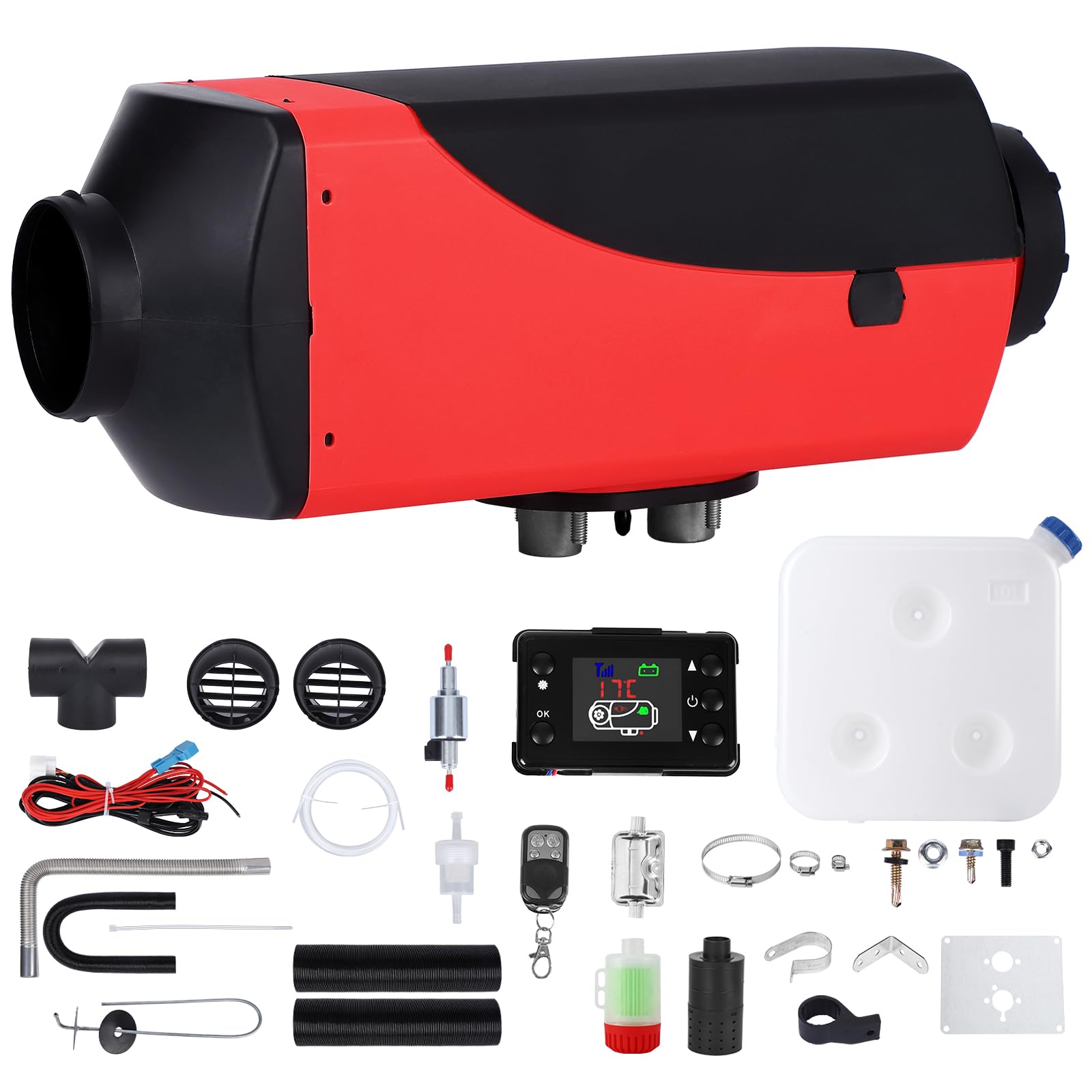 JOLLYTOP 12 V Standheizung Diesel, 5 KW Kraftstoff Autoheizung, 0,16-0,5 L Diesel Lufterhitzer, Luft Dieselheizung mit Fernbedienung, LCD Monitor und Schalldämpfer für Wohnmobil, Boot（Schwarz Rot） von JOLLYTOP