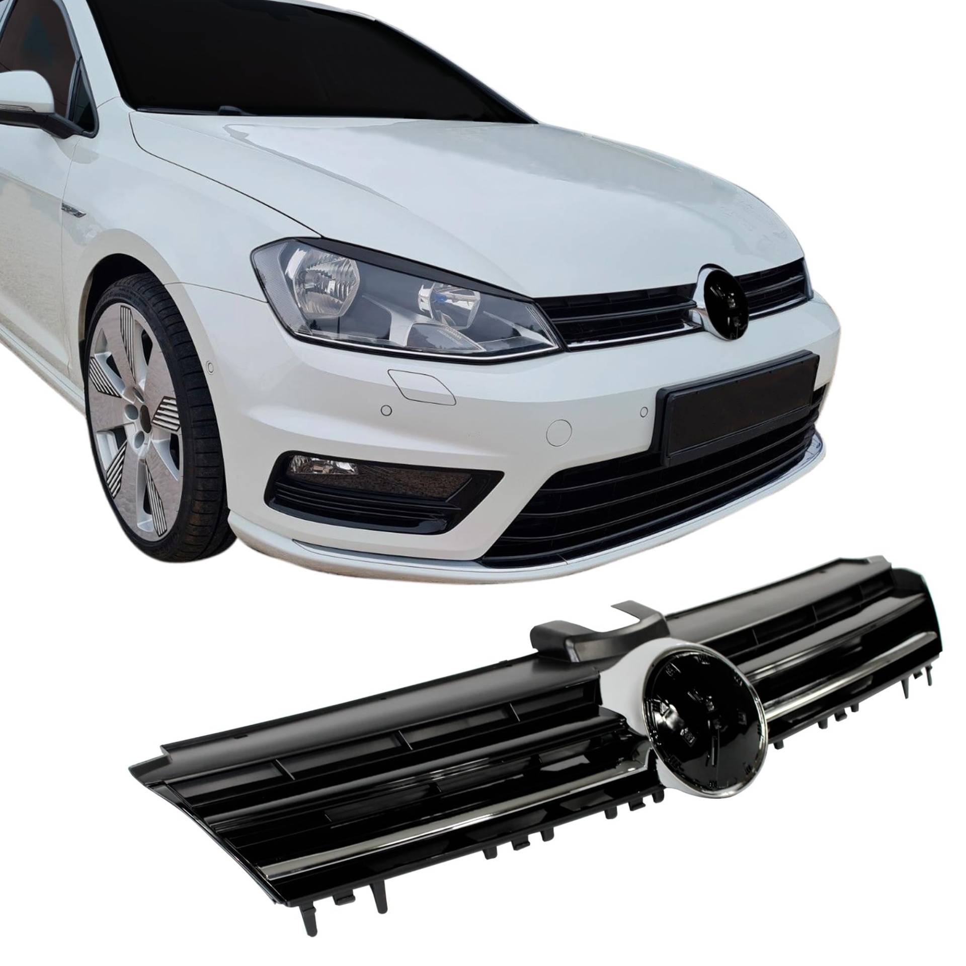 JOM Car Parts & Car Hifi GmbH 5G0853653RME Kühlergrill Kühlergitter für Golf 7 schwarz Glanz mit Chromleiste R Look mit Aussparung für das Emblem von JOM Car Parts & Car Hifi GmbH