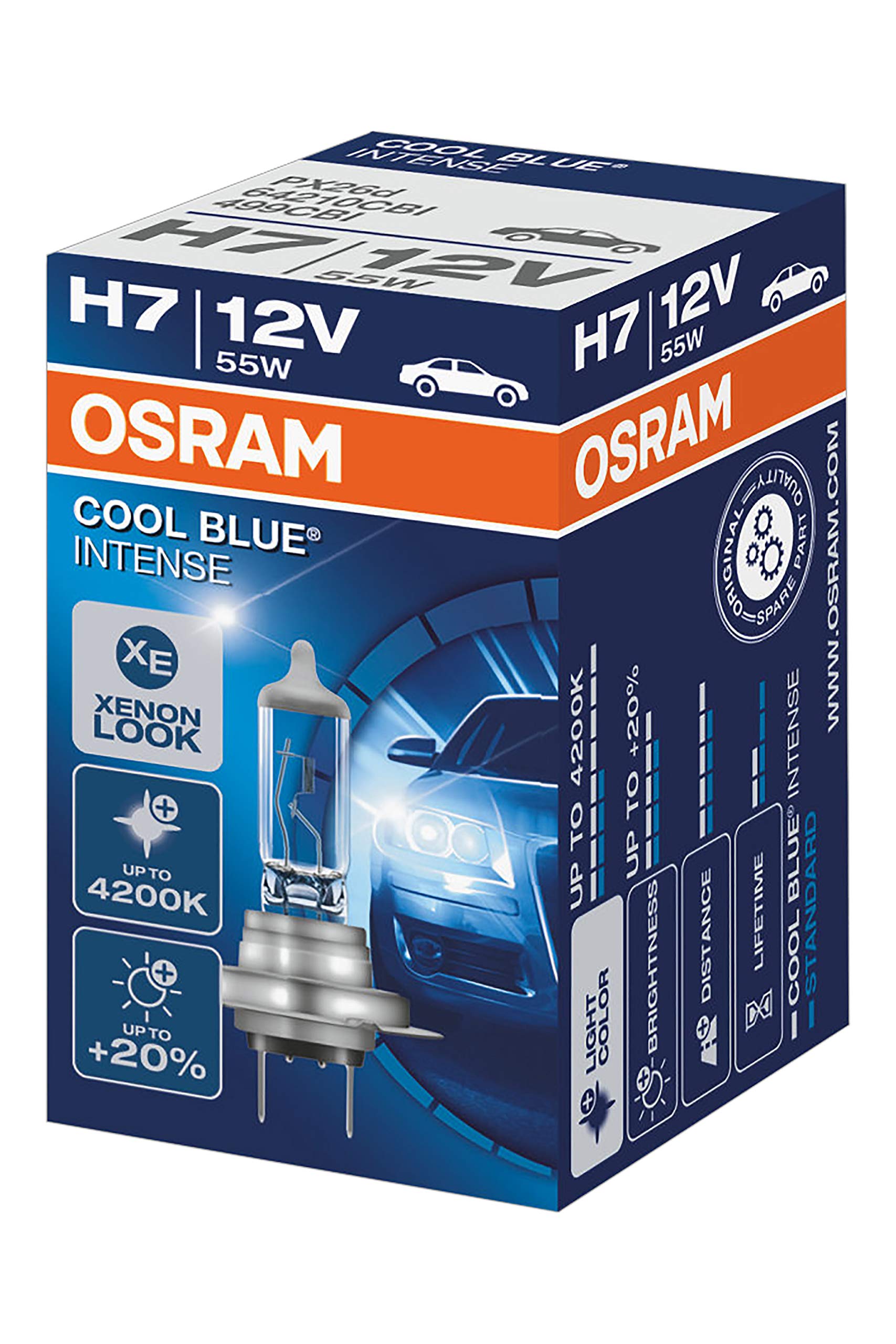 OSRAM COOL BLUE INTENSE H7, Scheinwerferlampe für Halogenscheinwerfer, Xenoneffekt für Weißlicht, 64210CBI, 12-V-Pkw, 1 Faltschachtel (1 Stück) von JOM Car Parts & Car Hifi GmbH