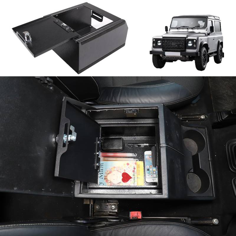 Schwarze Karbonstahl-Konsole Safe Armlehne Lockbox Aufbewahrung Organizer Kompatibel mit Defender 2004–2018 Auto Mittelkonsole Schloss Safe Box Armlehne Aufbewahrung von JONKOKO