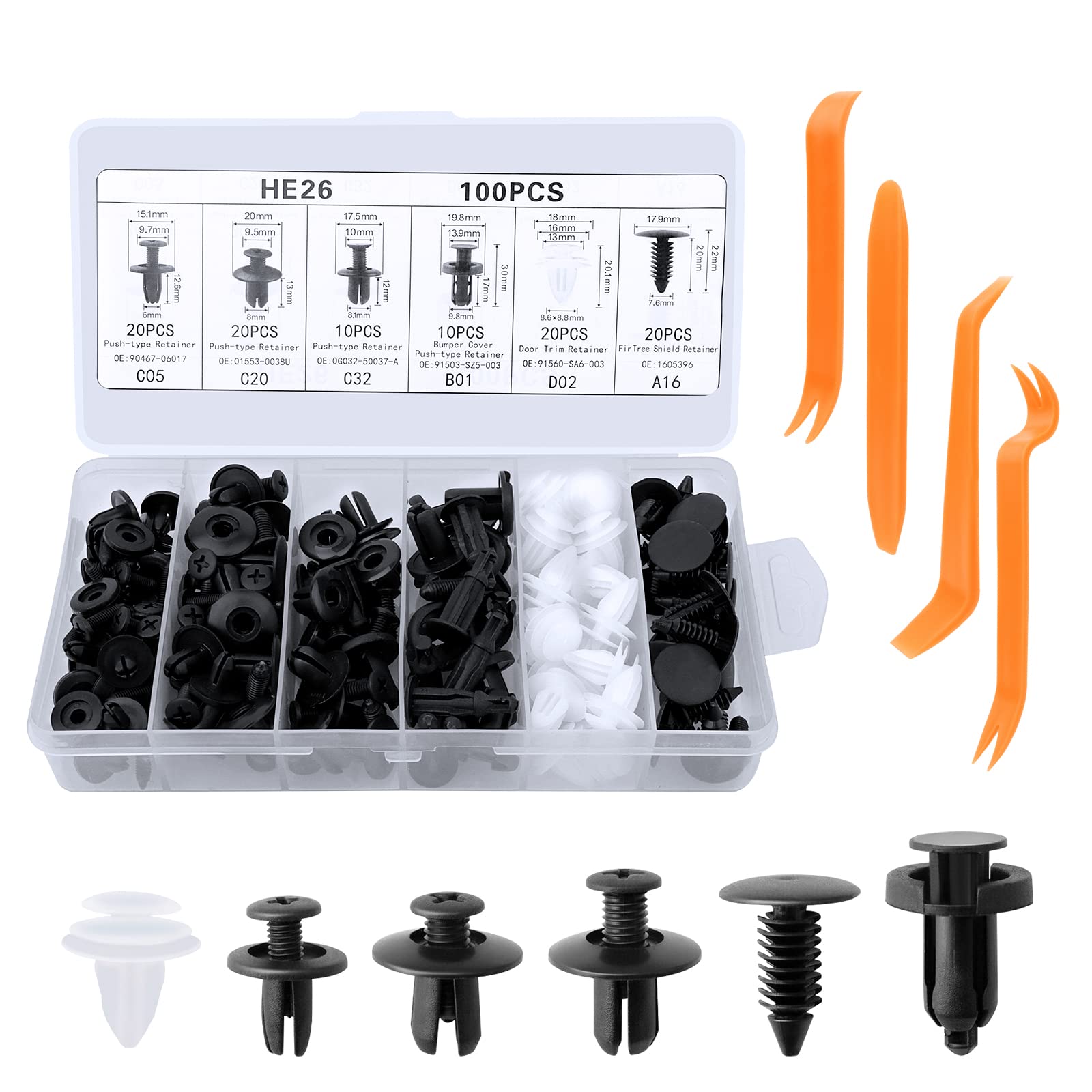 JOPHEK Auto Befestigung Clips, Auto Befestigungsclips Set, 6 Arten Universal Türverkleidung Klammern mit Demontage Werkzeuge, Karosserie Clips Kunststoffniete Befestigungssatz Clips für Auto (4P) von JOPHEK