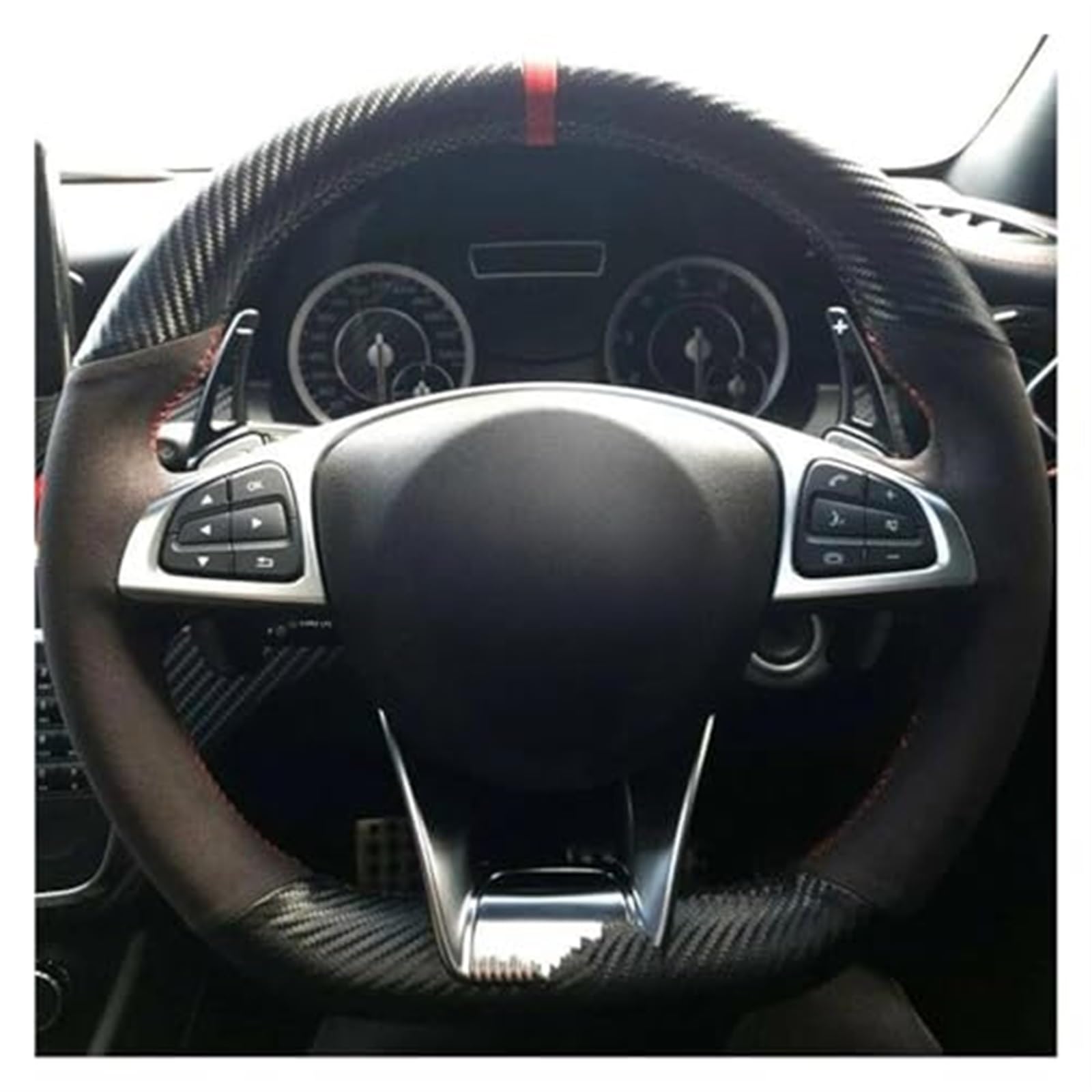 JOVERI Auto-Lenkradabdeckung, for Mercedes-Benz, S-Klasse S500 2016 A-Klasse, AMG A45 2016–2019, Schwarze Carbonfasern Auto-Lenkradabdeckung(Black White Thread) von JOVERI