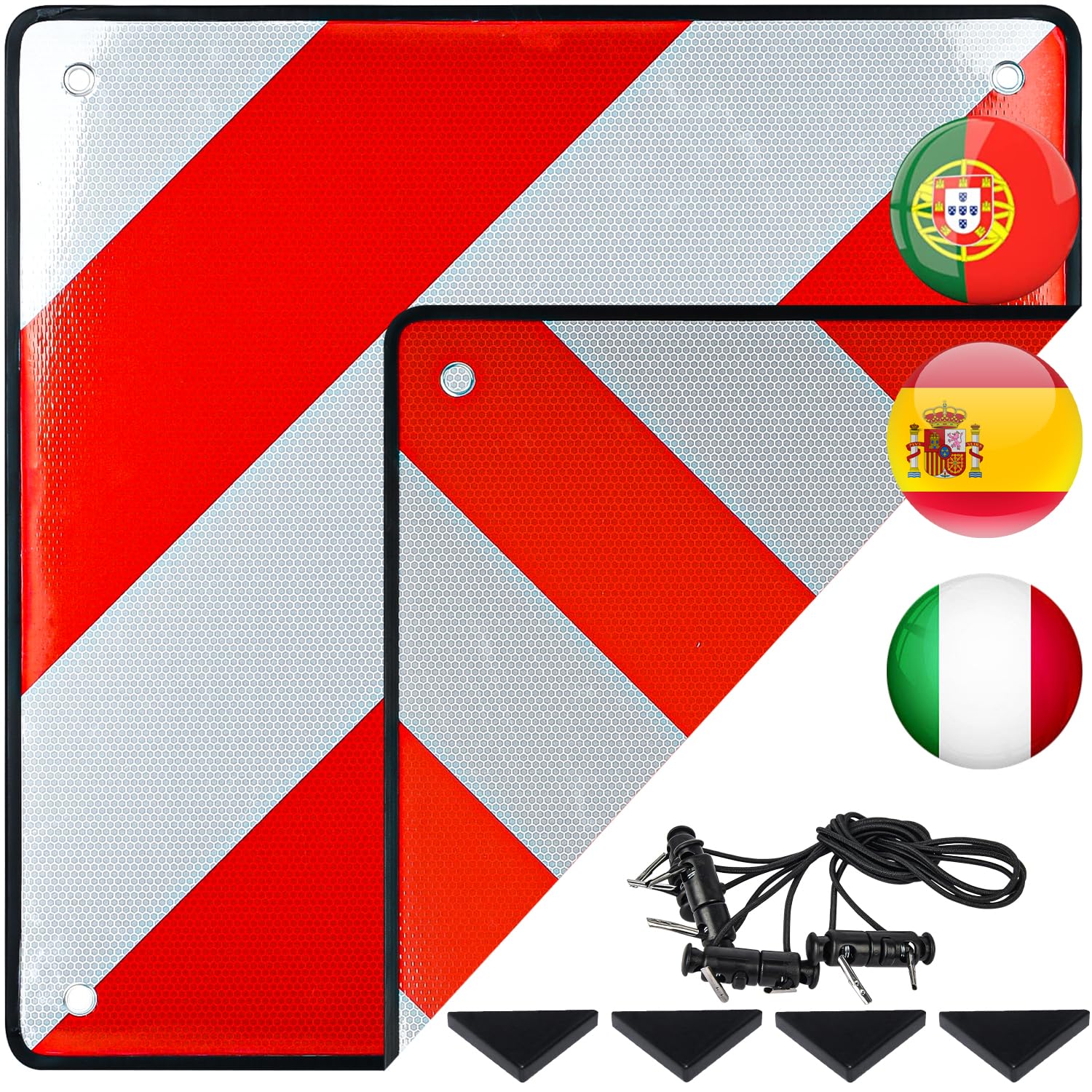 Warntafel für Italien und Spanien, JOYCEMALL 2 in 1 50x50cm Aluminium Reflektierend Rot Weiß Warnschild mit 4X Spannseile & Eckenschützer für Fahrradträger Heckanhänger Wohnmobil Auto Anhänger von JOYCEMALL