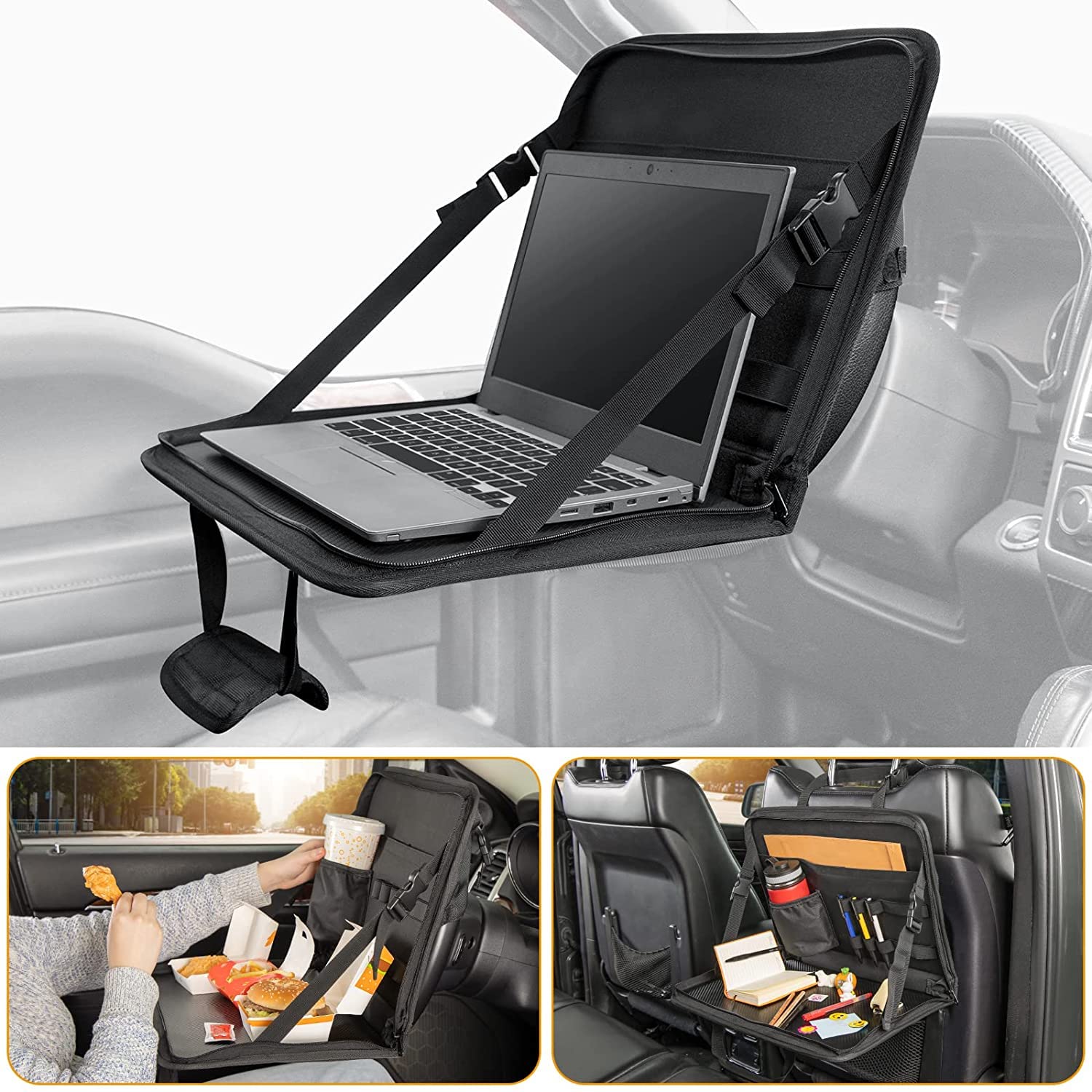 JOYTUTUS 3 in 1 Auto Schreibtisch mit Getränkehalter für Lenkrad, Multifuktionale Laptophalter zum Arbeiten Essen, Auto Organizer Bürotasche für Kinder, Pendler, Familie (EU-patentiertes Design) von JOYTUTUS