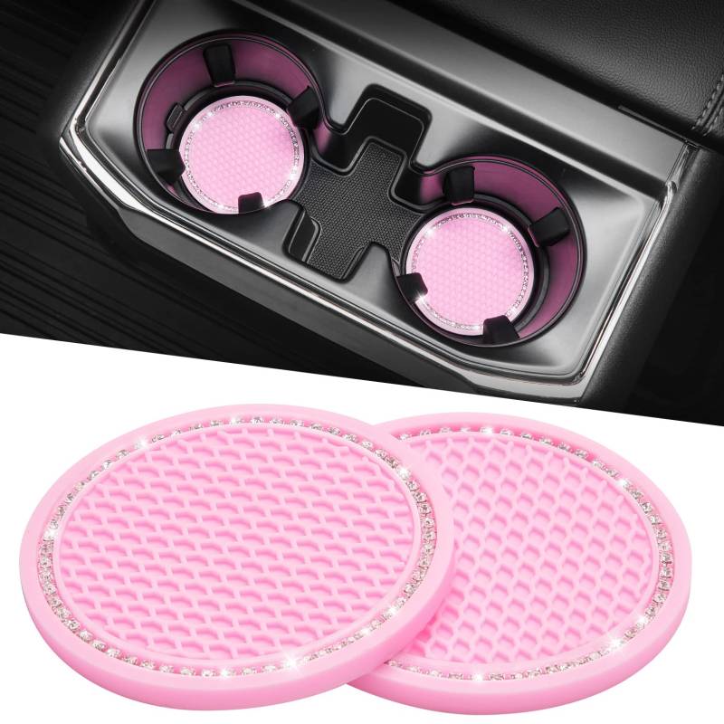 JOYTUTUS Auto Getränkehalter Untersetzer, Universal Auto Getränkehalter Einsatz, Anti-Rutsch Auto Untersetzer für Kaffeebecher, Autozubehör für Frauen, 2 Stücke, Rosa/Glitz von JOYTUTUS