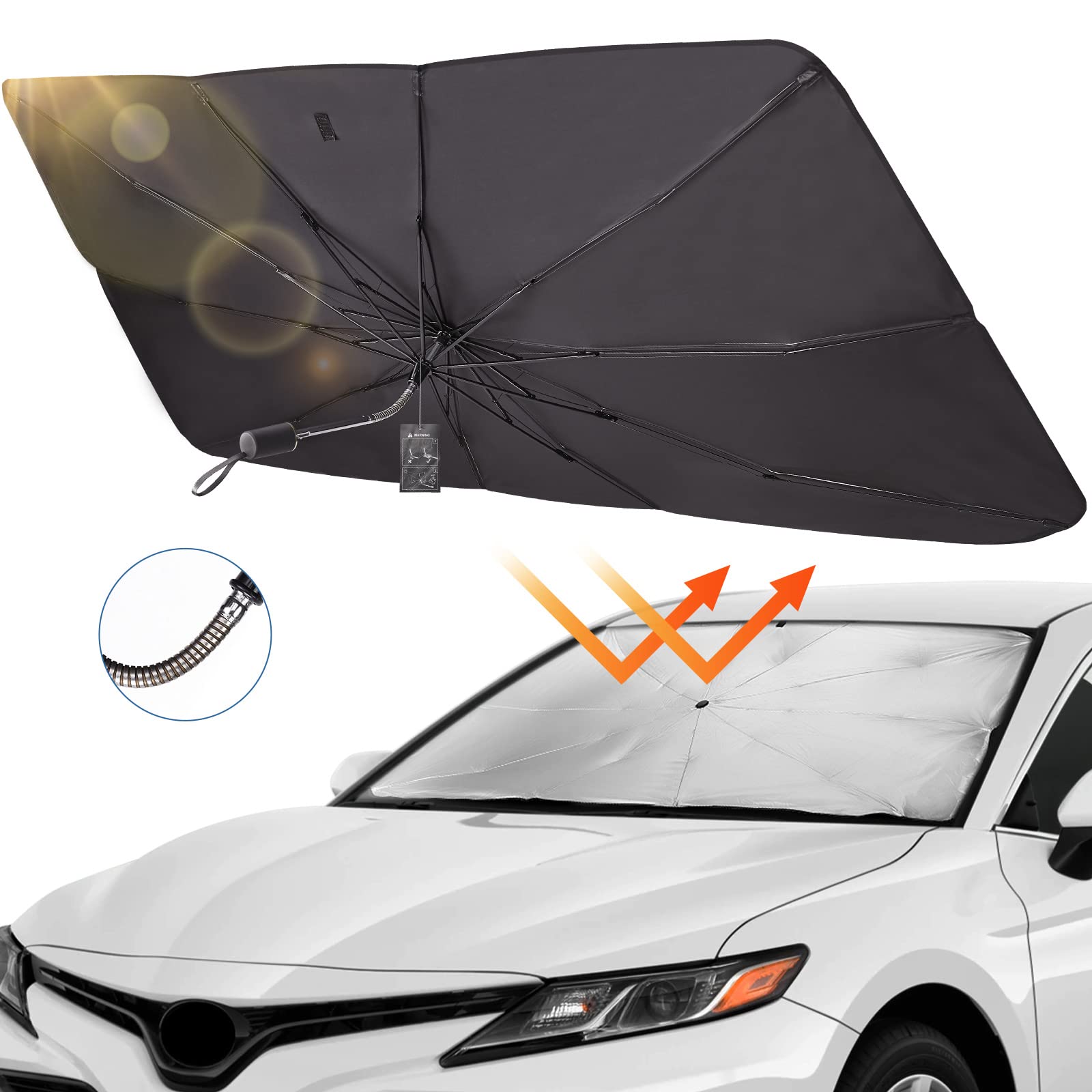 JOYTUTUS Sonnenschutz Auto Frontscheibe, [2024 Upgrade] 360°Drehbar Windschutzscheibe Sonnenschutz mit UV-Schutz, Auto Sonnenschirm mit Verstellbarer Stange, für die meisten Autos SUVs, 145 x 84 cm von JOYTUTUS