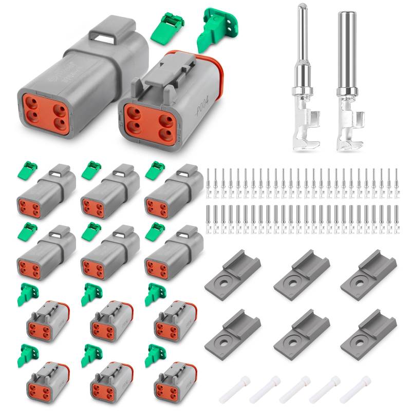 JRready Deutsch Stecker Set 4 poling DT Stecker 6 Sätze mit 52 pcs Deutsch Terminal Wire Gauge 14-18 AWG IP68 Wasserdichte Stecker 4 polig Grau für Auto, Motorräder, LKW, Boots von JRready