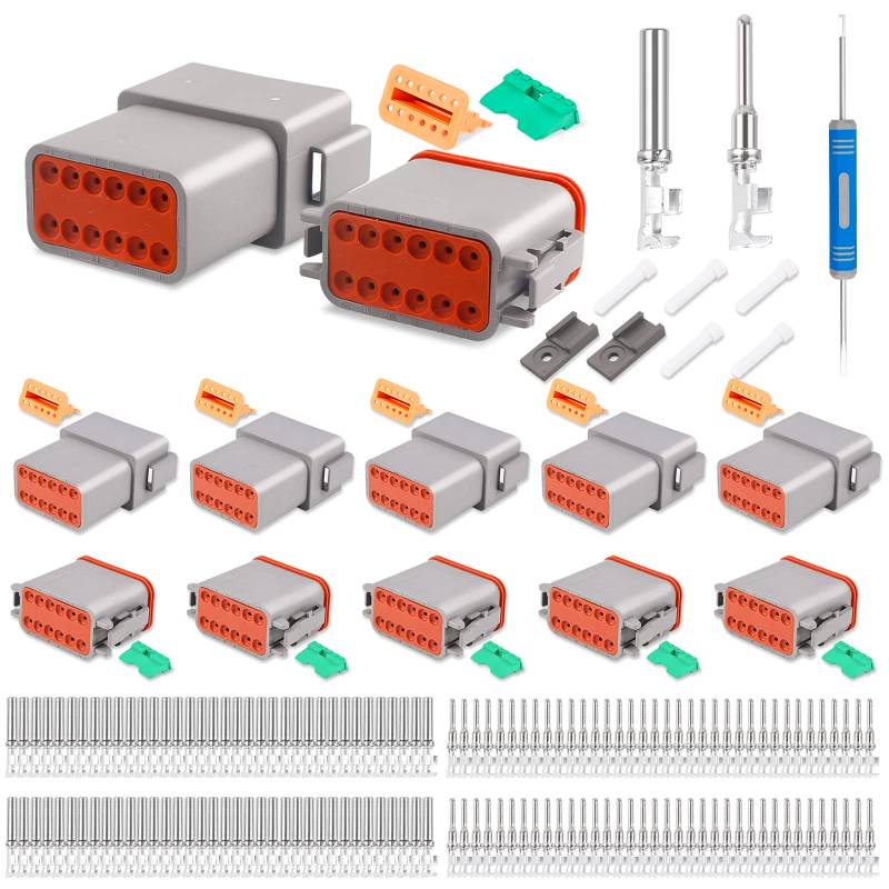 JRready ST6327-12 Deutsch 12 Pin DT Connector Kit, Grau Wasserdicht DT Stecker 12 Pin (5 Set), Größe 16 geprägte Kontakte für LKW, Motorrad, Geländewagen, Marine, Extremsport von JRready