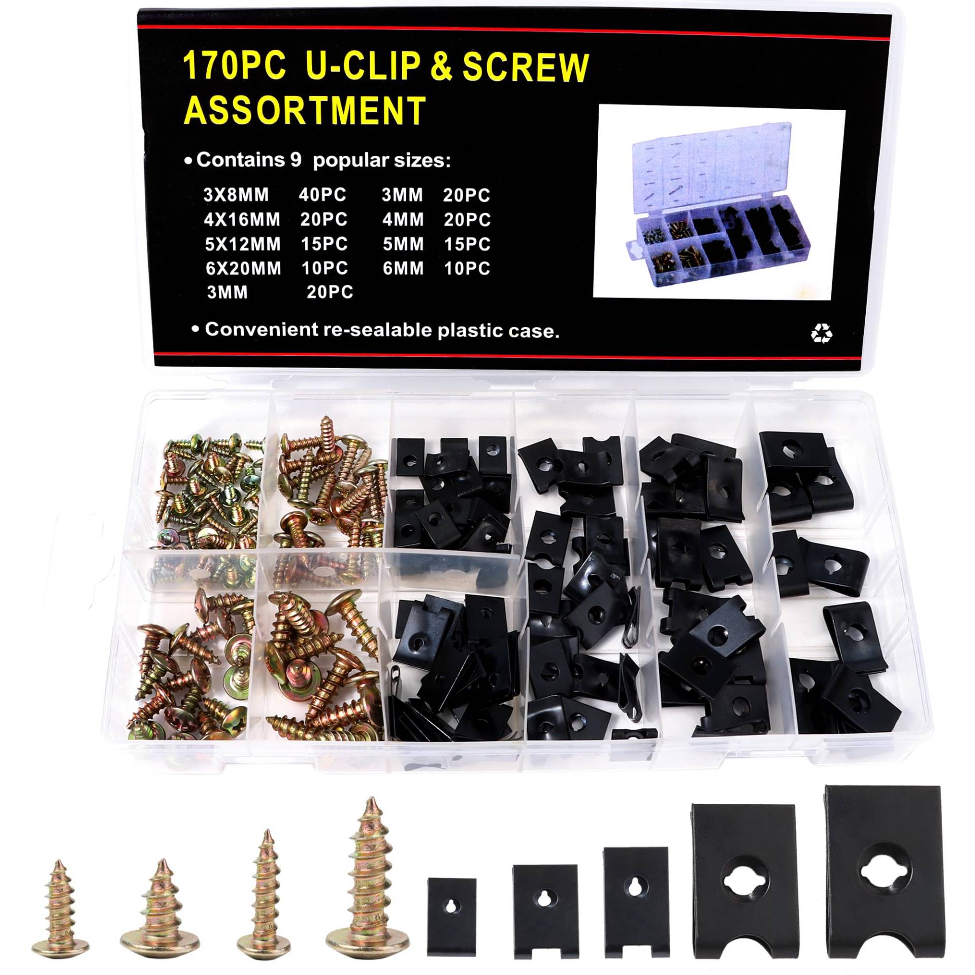 170 Stk Kfz Schraube Mutter Clip Kit Blechmuttern Sortiment einschließlich 85 Stk Kreuzkopf Karosserieschrauben, 85 Stk U Typ Auto Befestigung Clips für Stoßstange, Armaturenbrett, Tür-Blende von JSMTKJ