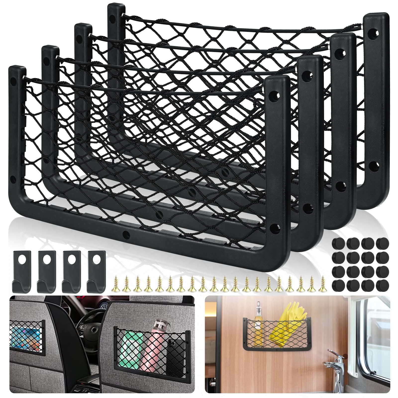 4 Stück Gepäcknetz, 36x18cm, Kofferraum Netztasche Auto Aufbewahrungsnetzm mit 6 Haken & 30 Schraube, Universal Auto Ablagenetz für Wohnmobil/Boote/LKW/Wohnwagen/SUV von JTOOYS