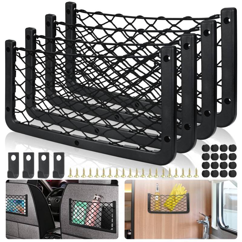 4 Stück Gepäcknetz, 36x18cm, Kofferraum Netztasche Auto Aufbewahrungsnetzm mit 6 Haken & 30 Schraube, Universal Auto Ablagenetz für Wohnmobil/Boote/LKW/Wohnwagen/SUV von JTOOYS