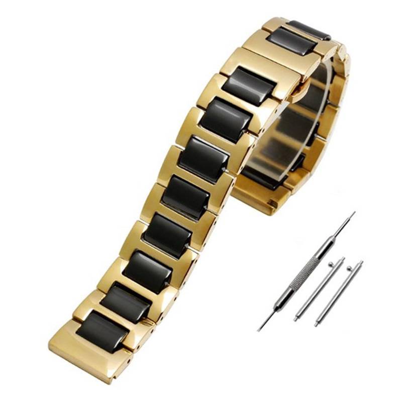 JUANZD Edelstahl In Keramik Armband 12 13 14 15 16 17 18 19 20 21 22mm Uhrenarmband Frauen Mann Mode Schnellverschluss Armband(Gold black,15mm) von JUANZD