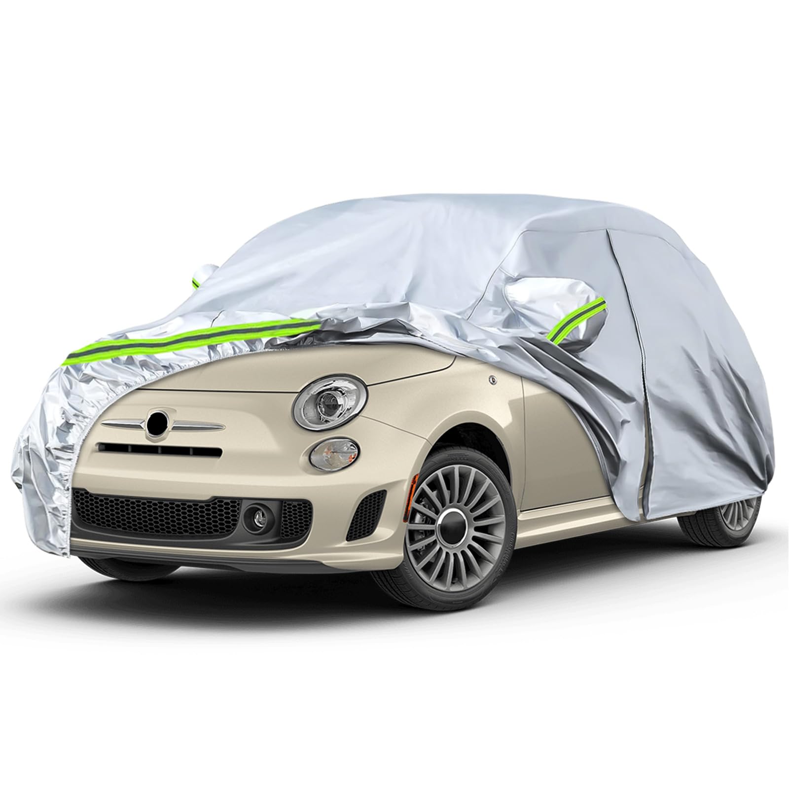 JUDANNA Autoabdeckung Outdoor Wasserdicht Passend für 2007-2024 FIAT 500 500C 500E Abarth 500, Sommer Vollgarage Autoplane Auto Abdeckplane Outdoor Abdeckung für Regen Sonne Staub UV-Schutz, Silber von JUDANNA